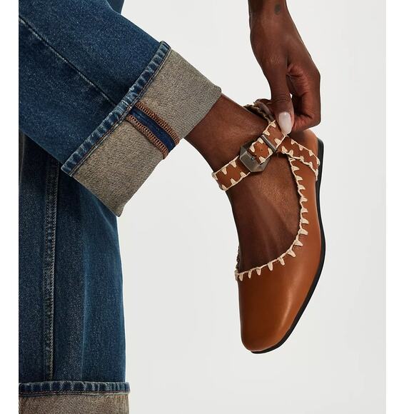 Free People Crochet Mystic Mary Jane Flats In Tan Size 9 US NEW - Picture 1 of 10